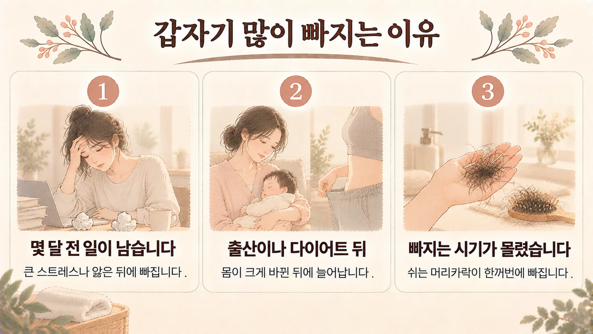 송도한의원 탈모 원인 - 몇 달 전 일이 남습니다·출산이나 다이어트 뒤·빠지는 시기가 몰렸습니다