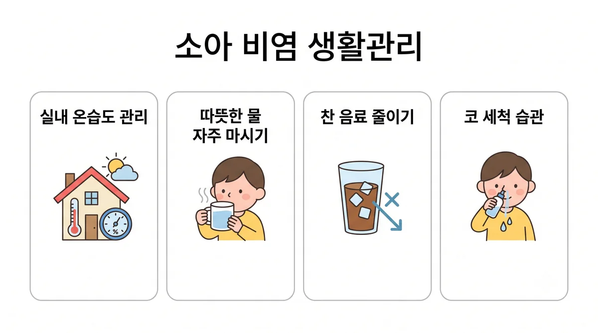 송도한의원 소아 비염 생활관리 - 자는 방 습도 맞추기·식염수로 코 씻기·이불 자주 털기·막힌 날 적어 두기