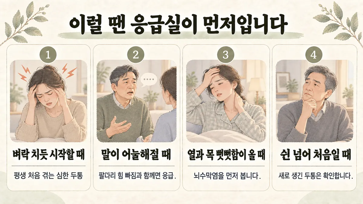송도한의원 편두통 자가진단 - 벼락 치듯 시작할 때·말이 어눌해질 때·열과 목 뻣뻣함이 올 때·쉰 넘어 처음일 때