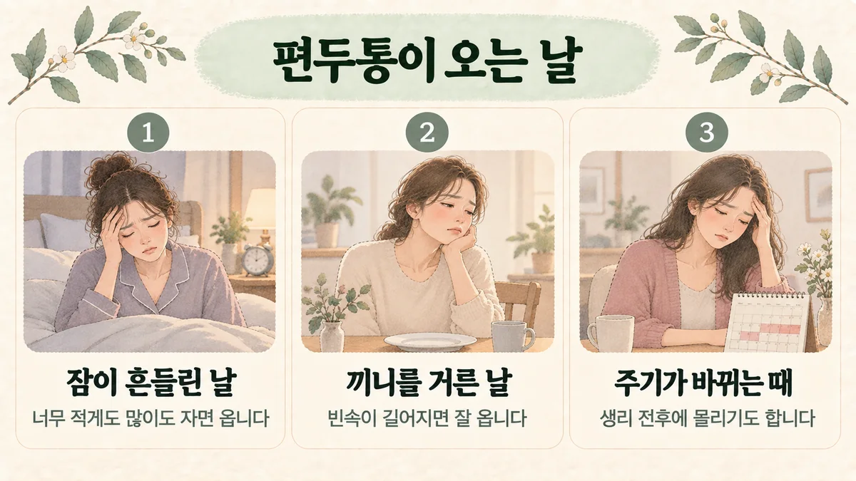 송도한의원 편두통 원인 - 잠이 흔들린 날·끼니를 거른 날·주기가 바뀌는 때