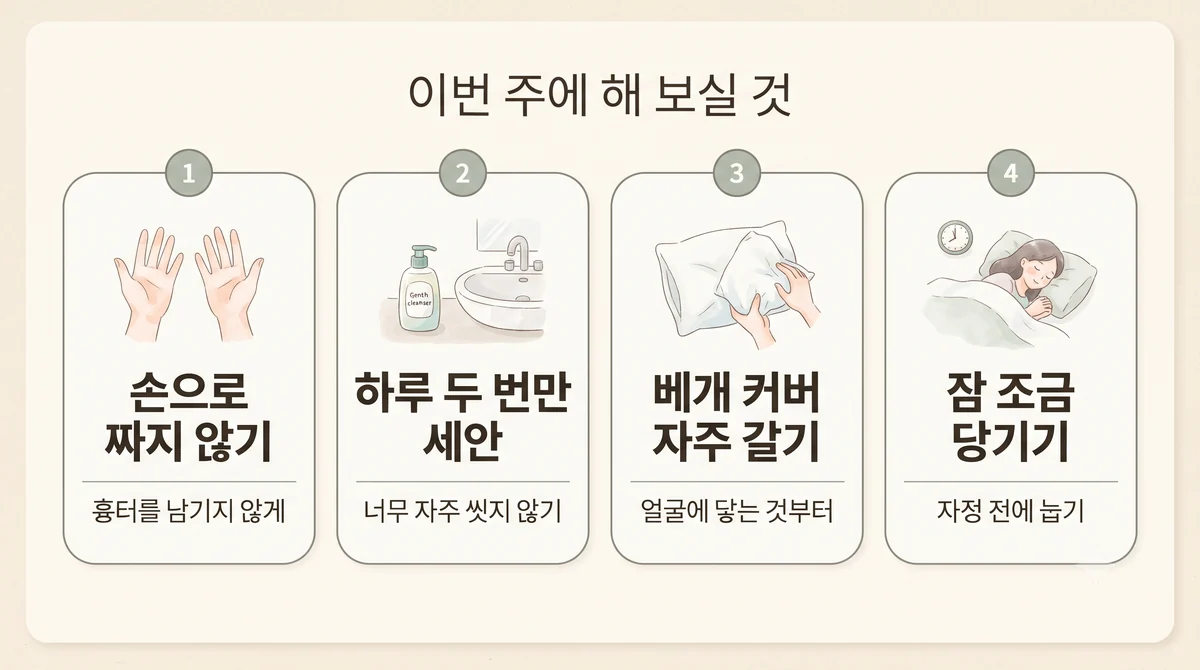 송도한의원 사춘기 여드름 생활관리 - 손으로 짜지 않기·하루 두 번만 세안·베개 커버 자주 갈기·잠 조금 당기기