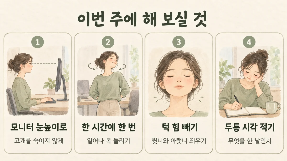 송도한의원 긴장성 두통 생활관리 - 모니터 눈높이로·한 시간에 한 번·턱 힘 빼기·두통 시각 적기
