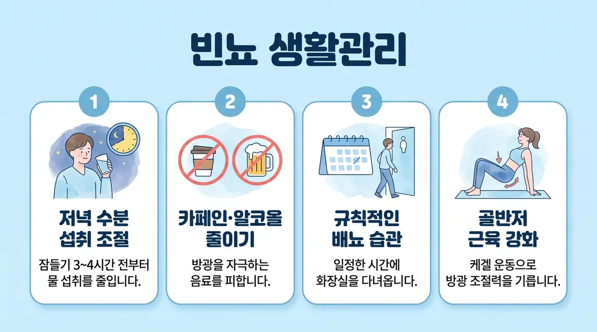 빈뇨 생활관리 6가지 — 배뇨일지·수분시간·카페인·방광훈련·골반저근·보온