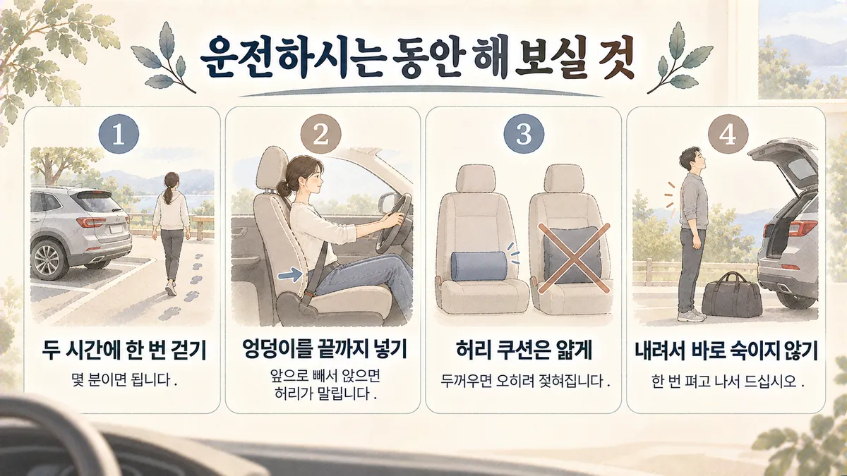 영종한의원 허리디스크 생활관리 - 두 시간에 한 번 걷기·엉덩이 끝까지 넣기·얇은 허리 쿠션·내려서 바로 숙이지 않기