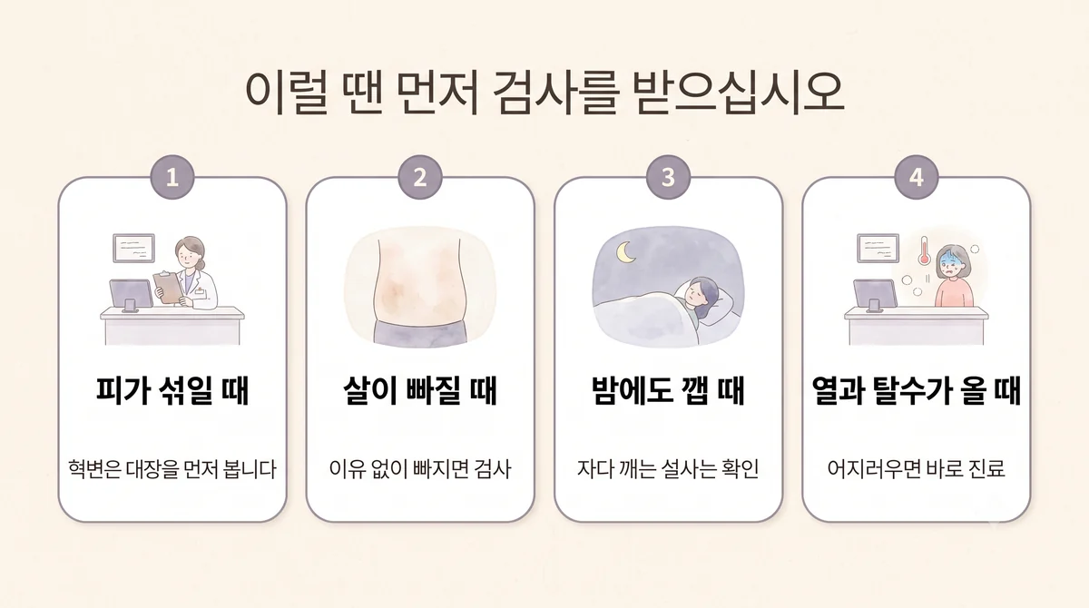 영종한의원 만성 설사 자가진단 - 피가 섞일 때·살이 빠질 때·밤에도 깰 때·열과 탈수가 올 때