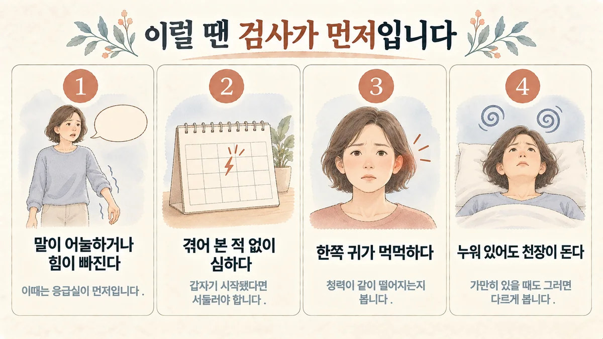 영종한의원 어지럼증 자가진단 - 말이 어눌하거나 힘 빠짐·겪어 본 적 없이 심함·한쪽 귀 먹먹함·누워도 천장이 돎