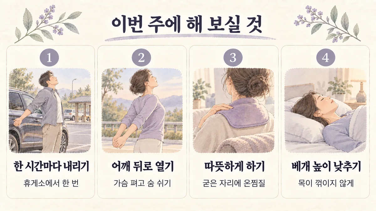 영종한의원 근육통 생활관리 - 한 시간마다 내리기·어깨 뒤로 열기·따뜻하게 하기·베개 높이 낮추기