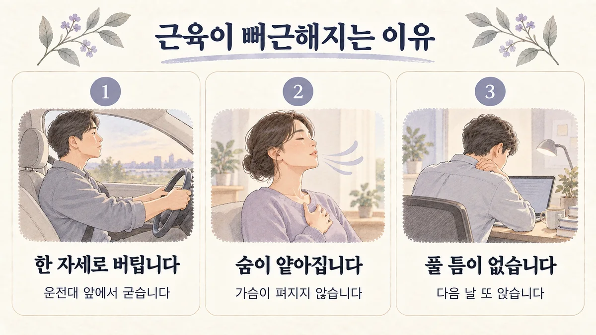 영종한의원 근육통 원인 - 한 자세로 버팁니다·숨이 얕아집니다·풀 틈이 없습니다