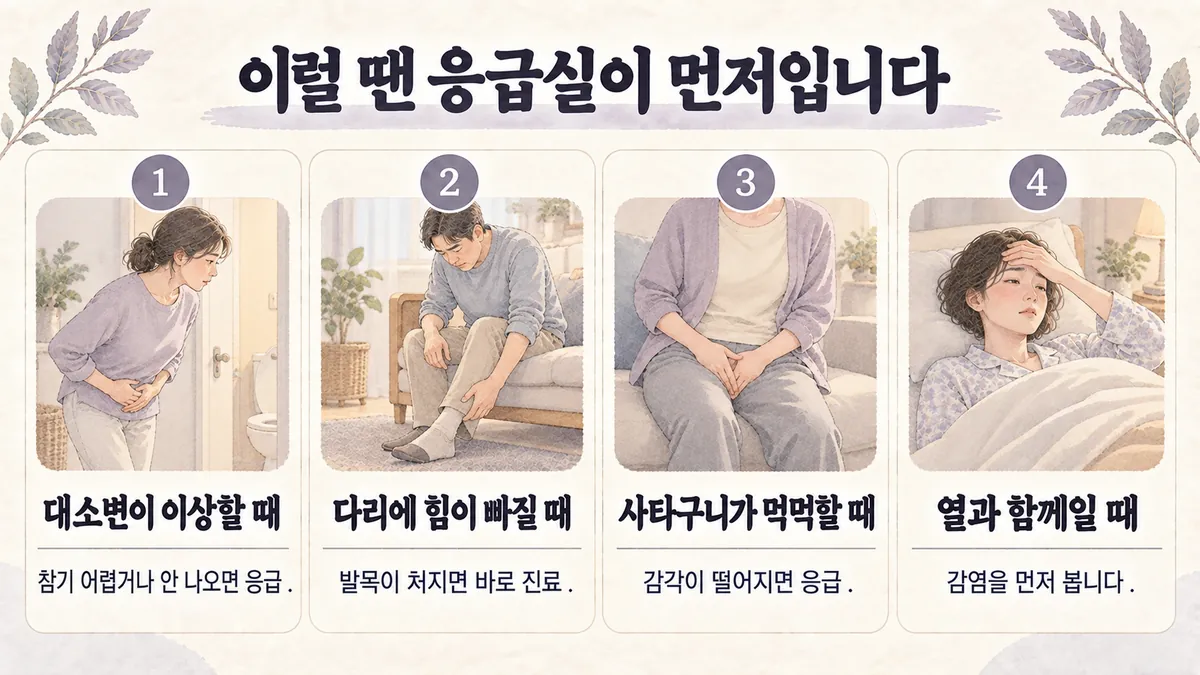 영종한의원 좌골신경통 자가진단 - 대소변이 이상할 때·다리에 힘이 빠질 때·사타구니가 먹먹할 때·열과 함께일 때