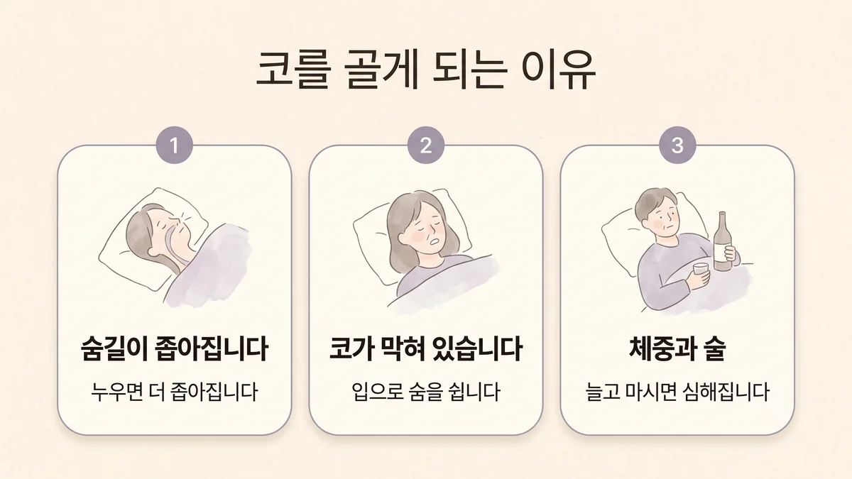 영종한의원 코골이 원인 - 숨길이 좁아집니다·코가 막혀 있습니다·체중과 술