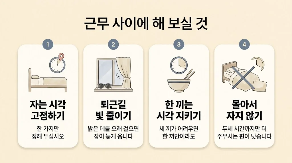 영종한의원 보약 생활관리 - 자는 시각 고정·퇴근길 빛 줄이기·한 끼는 시각 지키기·몰아서 자지 않기
