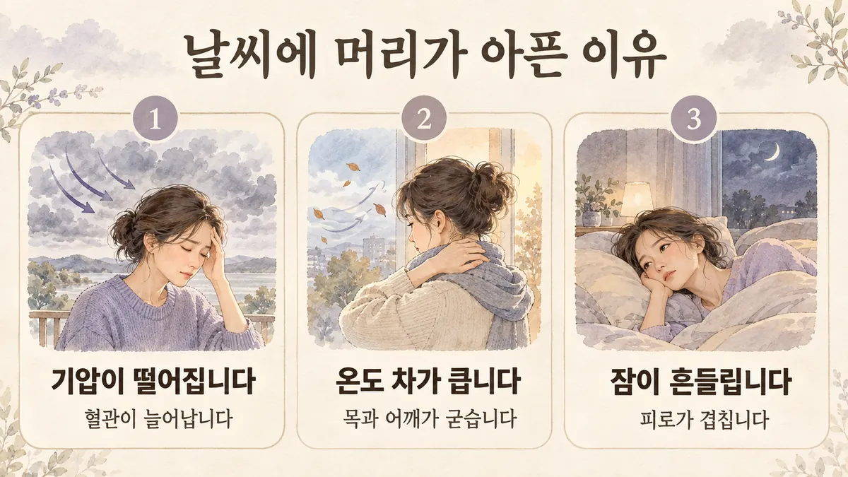 영종한의원 기상성 두통 원인 - 기압이 떨어집니다·온도 차가 큽니다·잠이 흔들립니다