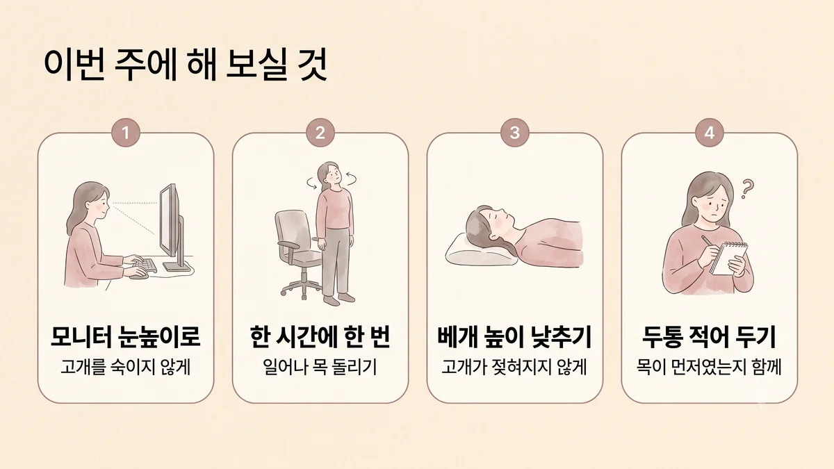 연수구한의원 경추성 두통 생활관리 - 모니터 눈높이로·한 시간에 한 번·베개 높이 낮추기·두통 적어 두기