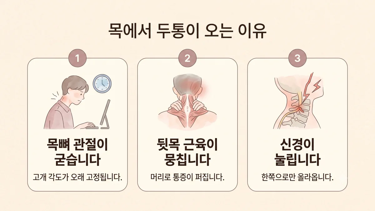 연수구한의원 경추성 두통 원인 - 목뼈 관절이 굳습니다·뒷목 근육이 뭉칩니다·신경이 눌립니다