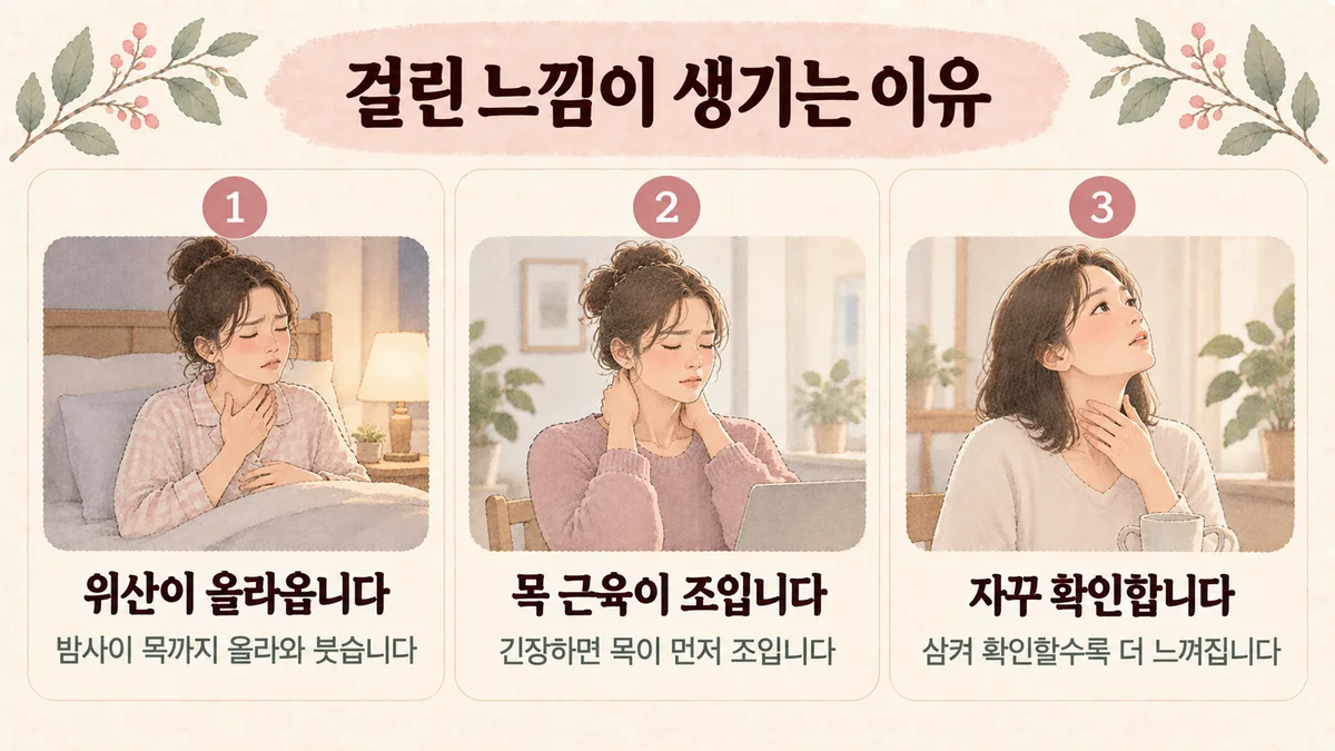 연수구한의원 목 이물감 원인 - 위산이 올라옵니다·목 근육이 조입니다·자꾸 확인합니다