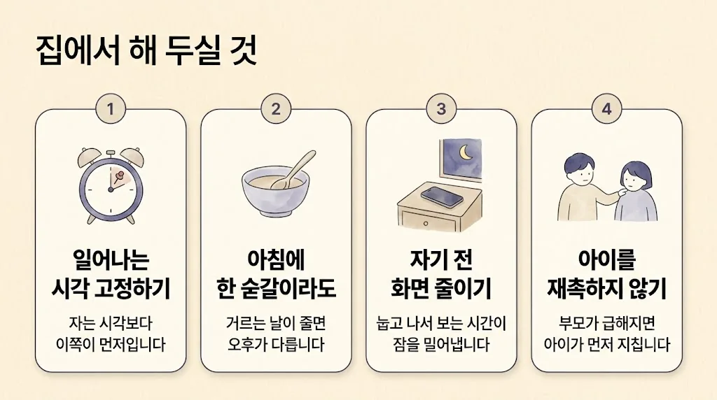 연수구한의원 공진단 생활관리 - 기상 시각 고정·아침 한 숟갈·자기 전 화면 줄이기·재촉하지 않기