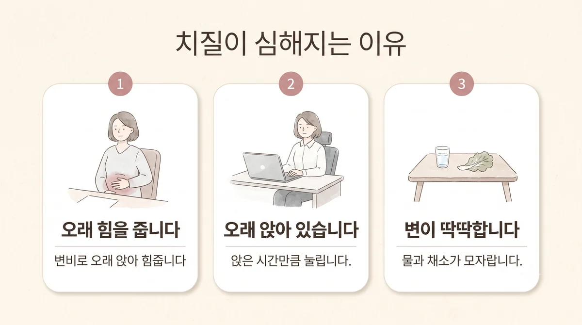 연수구한의원 치질 원인 - 오래 힘을 줍니다·오래 앉아 있습니다·변이 딱딱합니다