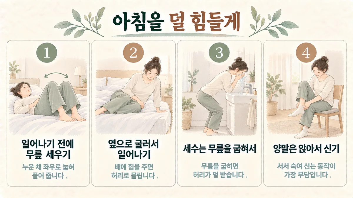 연수구한의원 허리디스크 생활관리 - 무릎 세우기·옆으로 굴러 일어나기·세수는 무릎 굽혀·양말은 앉아서