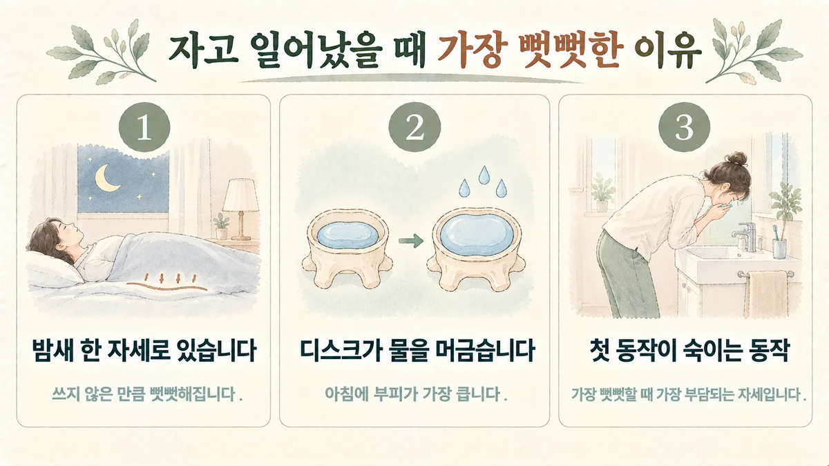 연수구한의원 허리디스크 원인 - 밤새 한 자세·디스크가 머금은 물·첫 동작이 숙이는 동작