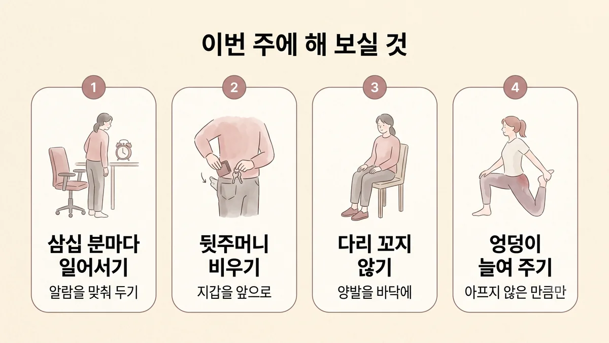 연수구한의원 이상근증후군 생활관리 - 삼십 분마다 일어서기·뒷주머니 비우기·다리 꼬지 않기·엉덩이 늘여 주기