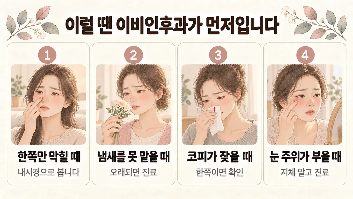 연수구한의원 비용종 자가진단 - 한쪽만 막힐 때·냄새를 못 맡을 때·코피가 잦을 때·눈 주위가 부을 때