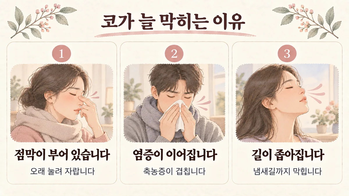 연수구한의원 비용종 원인 - 점막이 부어 있습니다·염증이 이어집니다·길이 좁아집니다