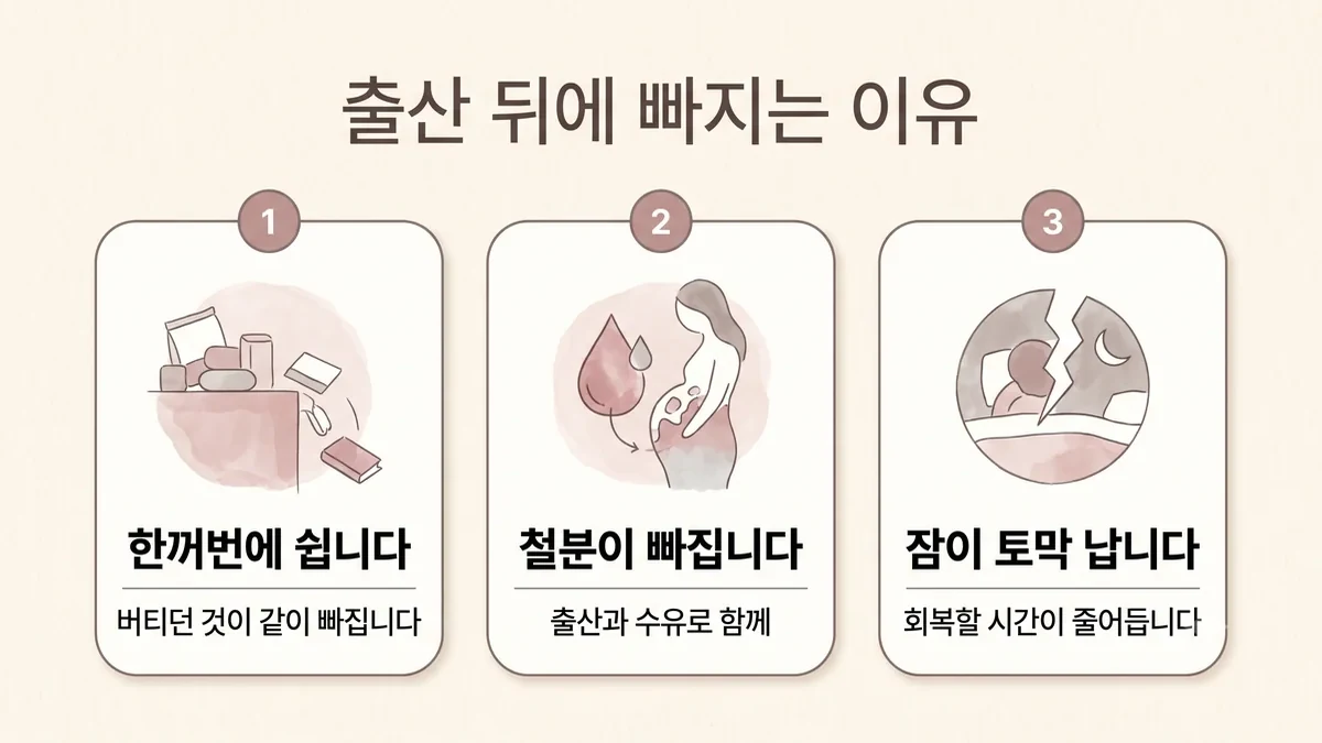 연수구한의원 산후탈모 원인 - 한꺼번에 쉽니다·철분이 빠집니다·잠이 토막 납니다