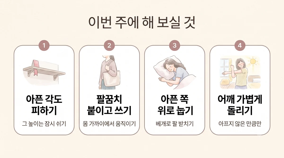연수구한의원 회전근개 생활관리 - 아픈 각도 피하기·팔꿈치 붙이고 쓰기·아픈 쪽 위로 눕기·어깨 가볍게 돌리기