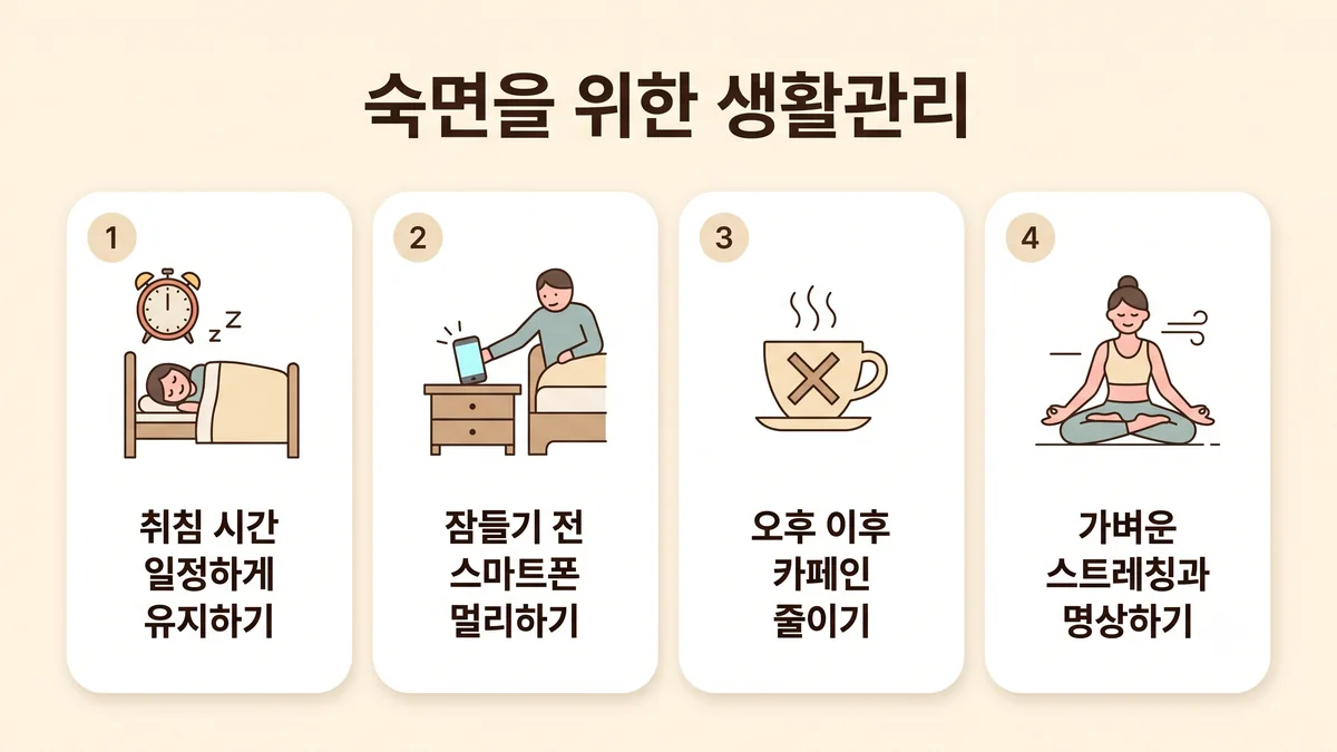 연수구한의원 수면유지장애 생활관리 - 깨면 시계 보지 않기·안 오면 잠깐 일어나기·저녁 술 줄이기·같은 시각에 일어나기