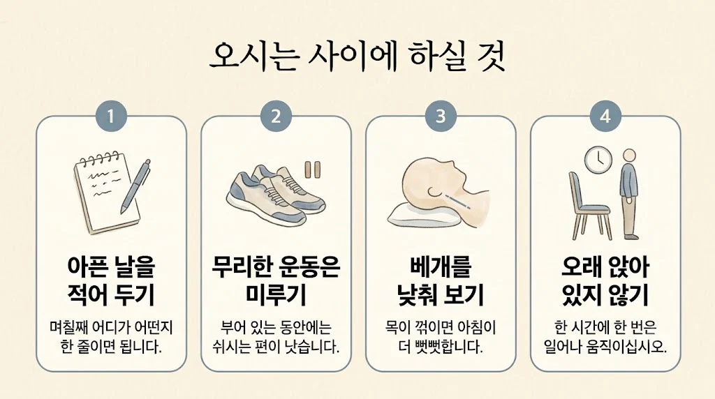 연수구 교통사고한의원 생활관리 - 아픈 날 적기·무리한 운동 미루기·베개 낮추기·오래 앉지 않기