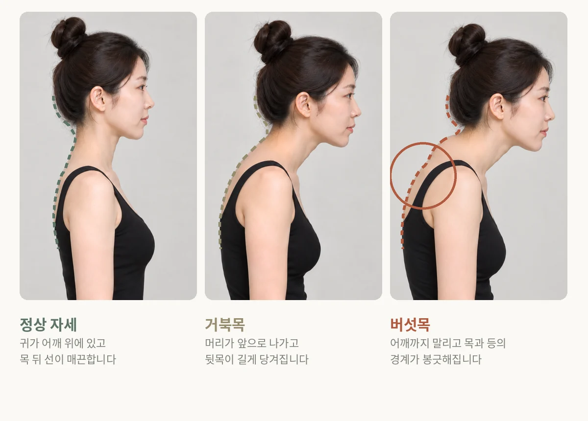 인천 송도 더율한의원 버섯목 한방 치료 — 정상 자세·거북목·버섯목 옆모습 비교