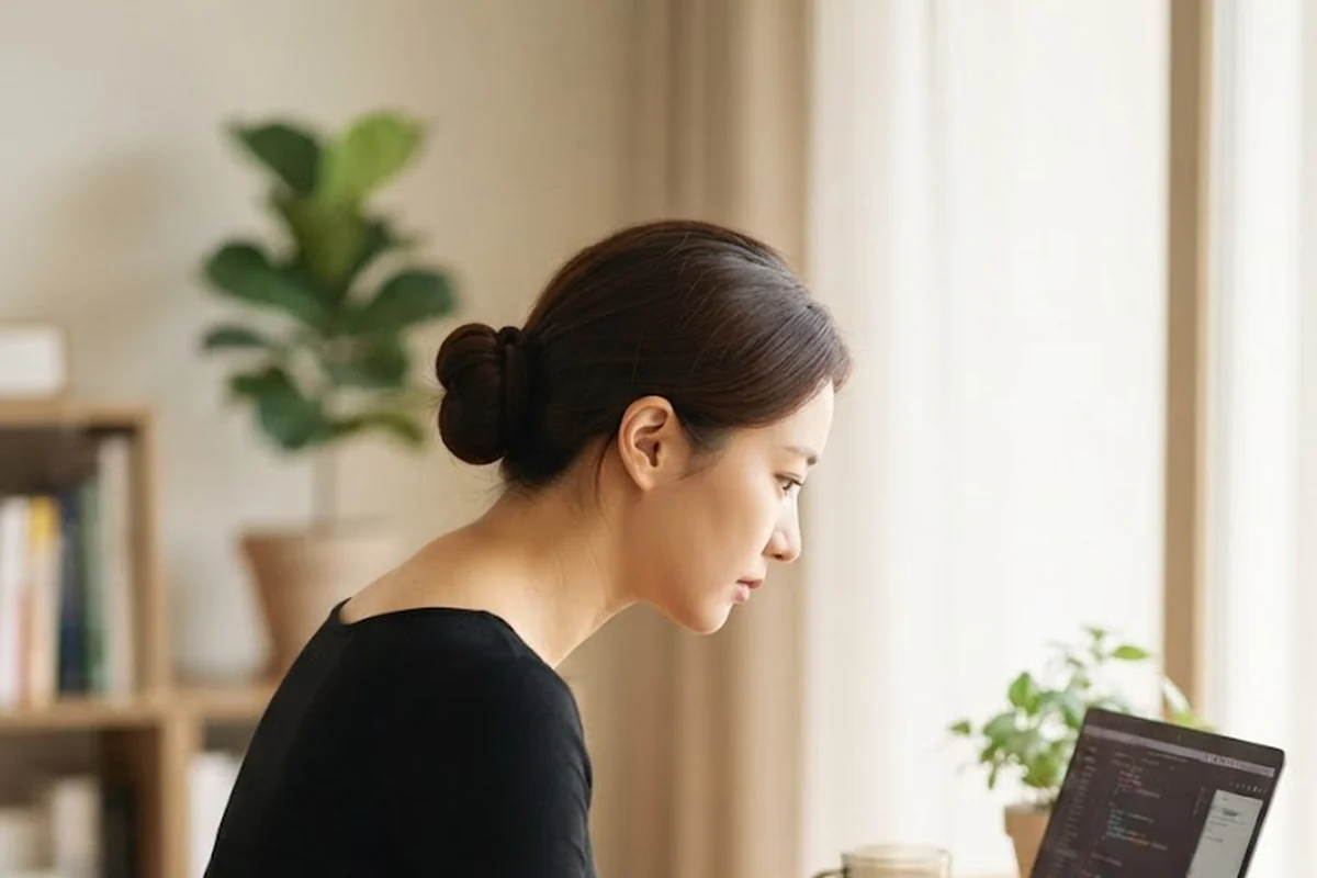 인천 송도 더율한의원 버섯목 원인 — 화면이 낮을 때 고개가 숙여지는 자세