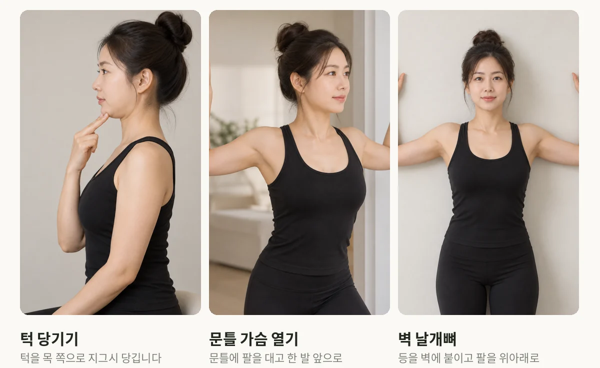 인천 송도 더율한의원 버섯목 스트레칭 — 턱 당기기·문틀 가슴 열기·벽 날개뼈