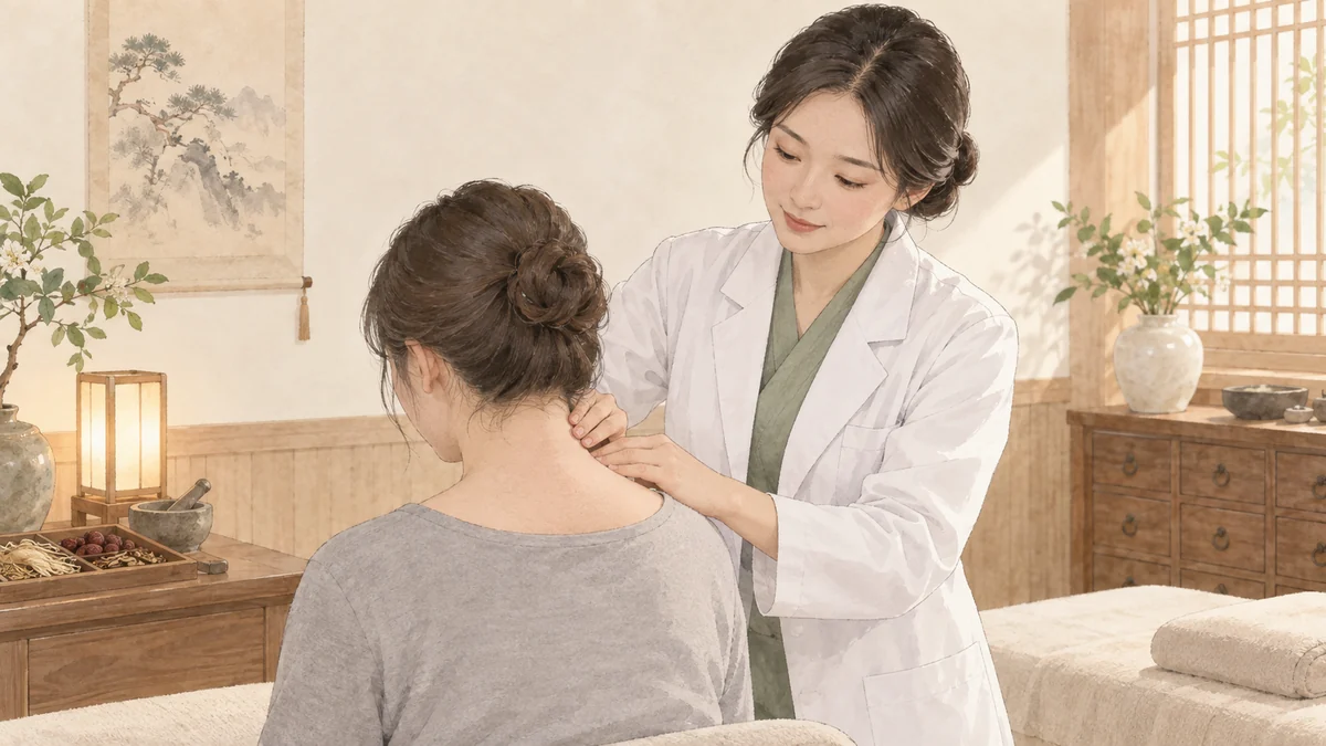 인천 송도 더율한의원 버섯목 한방 치료 — 목 뒤 굳은 자리를 진찰하는 모습