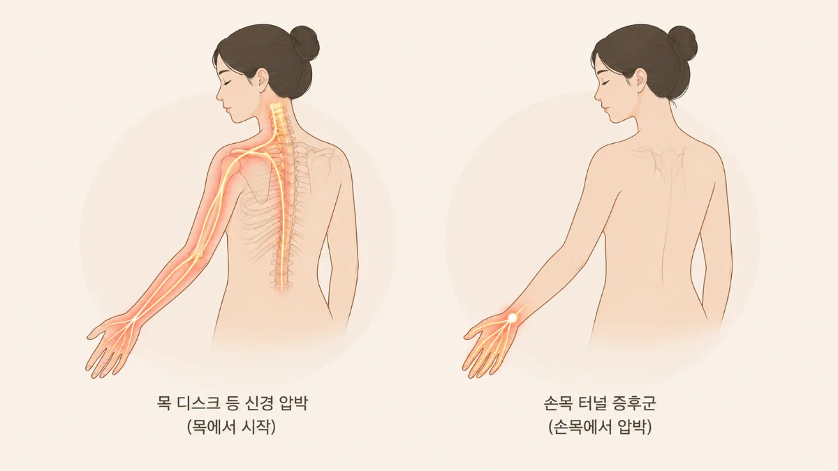 목디스크 vs 손목터널증후군 신경 경로 비교